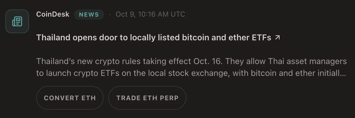 A CoinDesk story in Discover with Convert ETH and Trade ETH Perp actions.