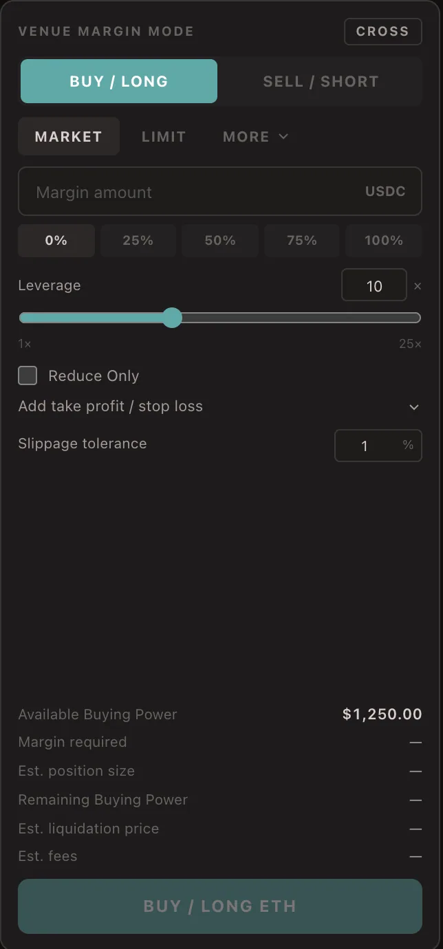 Yamata perpetuals order ticket with margin amount, leverage, take profit and stop loss, and available Buying Power.